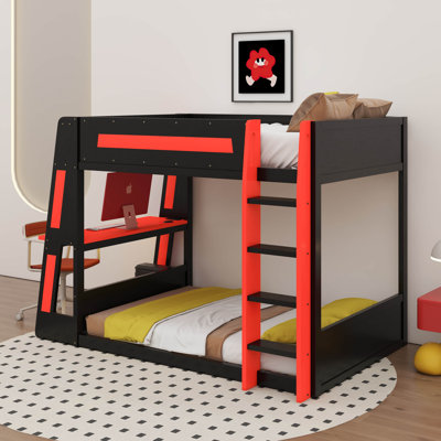Lit superposé double en bois pleine grandeur avec bureau, USB et lumière DEL