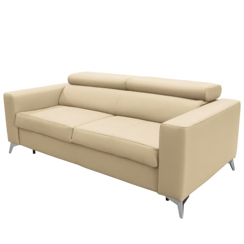 Lucy Genuine Leather Fold Out Sofa with Mattress and Adjustable Headrests, Beige