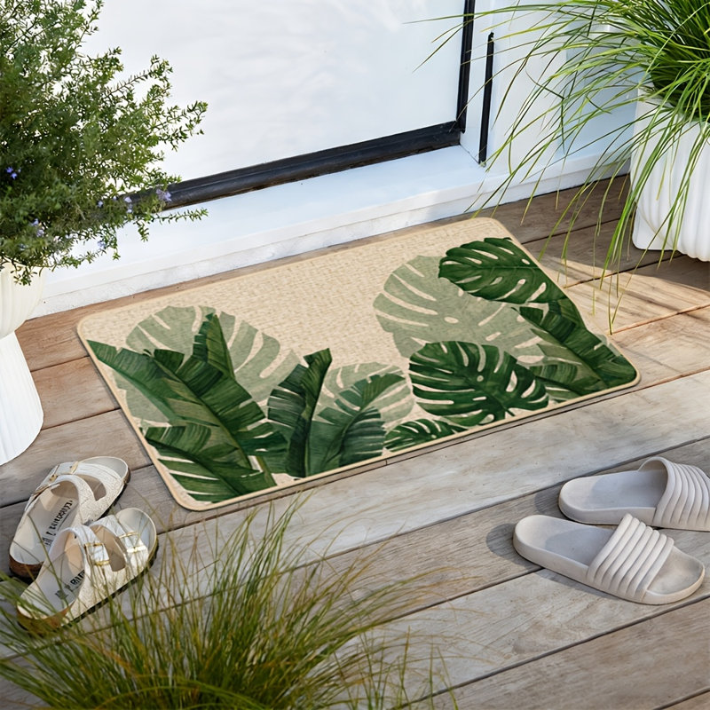 Tapis de porte printanier à motif de feuilles de Monstera et de bananier, tapis d'entrée tropical vert, tapis de bienvenue estival, tapis de porte décoratif extérieur antidérapant en caoutchouc pour la décoration saisonnière du plancher de la cuisine, 43 x 91 cm