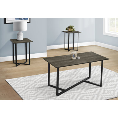 Ensemble de table, ensemble de 3 pièces, café, bout, salon, stratifié brun foncé, métal noir, contemporain, moderne