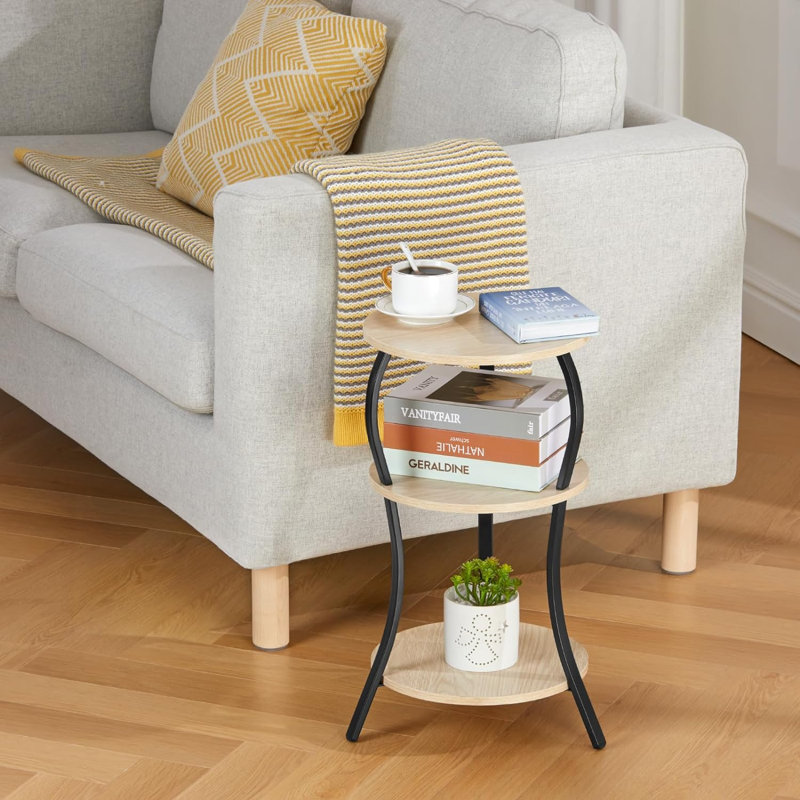 Table de bout ronde vintage à 3 niveaux avec rangement, table d'appoint compacte pour petits espaces, Chêne