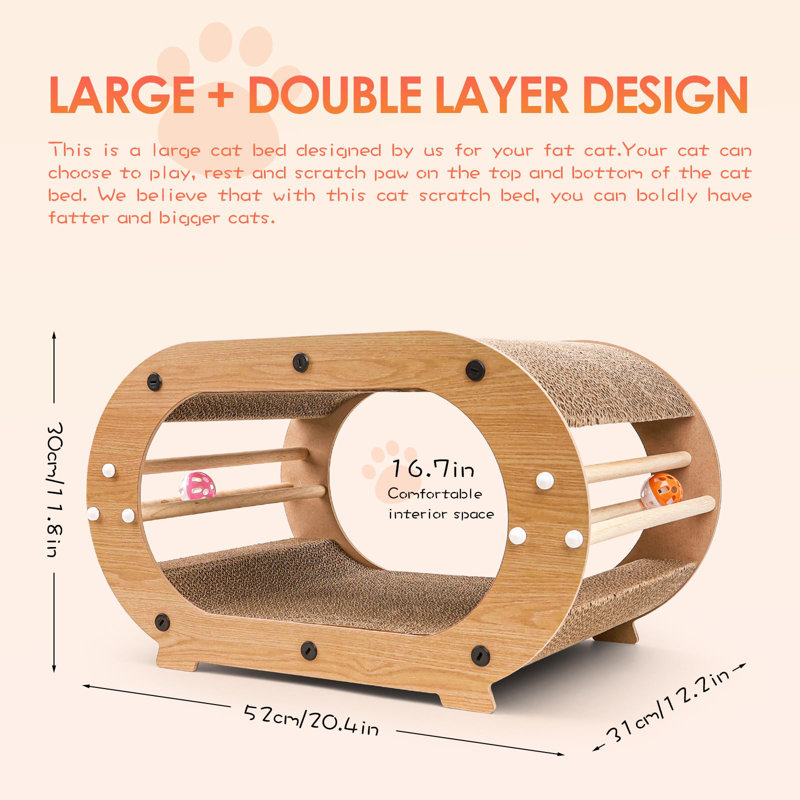 Large Natural Wood Double Layer Cat Scratcher Bed with Toys