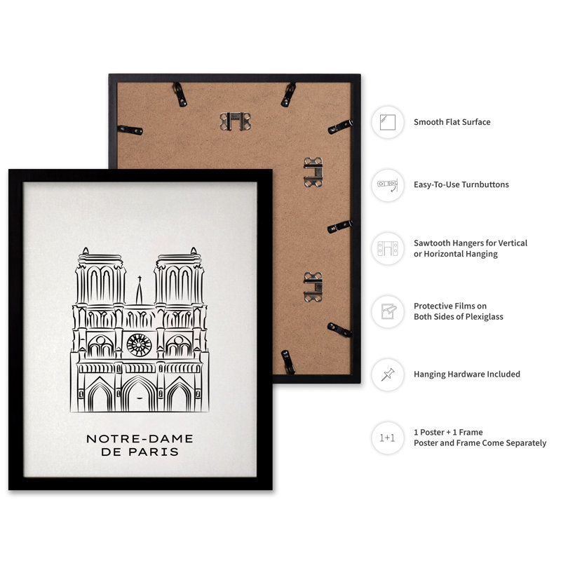 Esquisse de la cathédrale Notre-Dame, H 16 po x l 20 po, Affiche, Cadre noir