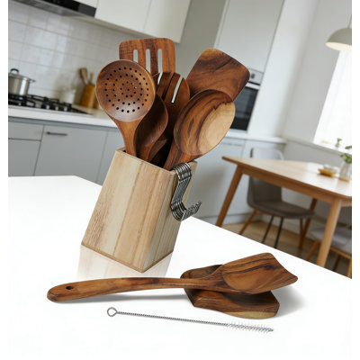 11-Piece Teak Wooden Utensil Set For Cooking With Holder - Natural Solid Teak Wood Spatulas, Spoons & Kitchen Tools - Sturdy, Heat Resistant & Lightweight For Daily Use
