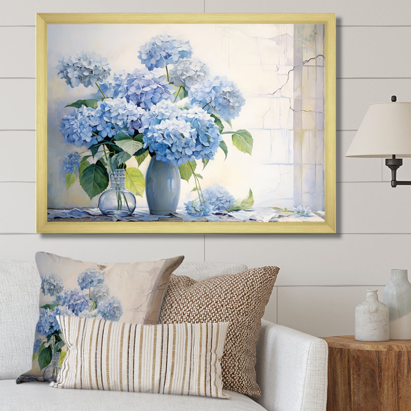 «Blue Hydrangea Farmhouse Still Life - Hydrangea», reproduction d'art sur toile, Cadre doré simple
