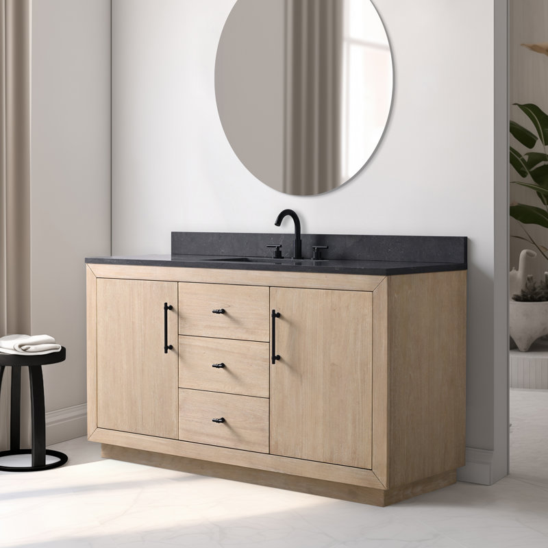 Ensemble de meuble-lavabo sur pied 60 po avec plateau en calcaire noir Avignon, Calcaire noir, Blé clair, 60"
