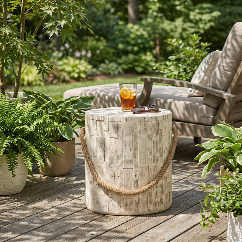 Rustic Magnesium Oxide Side Table with Simulated Braided Cord Accent, Indoor and Outdoor Accent Table