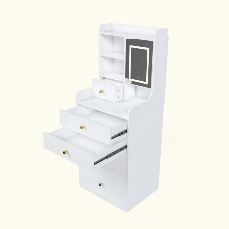 3-In-1 Dressing Table With LED Mirror & Storage Stool - Compact Makeup Vanity With 4 Drawers, Storage Cabinet & Hidden Stool,  Density Board Design, Open Bookshelf For Bedroom Organization