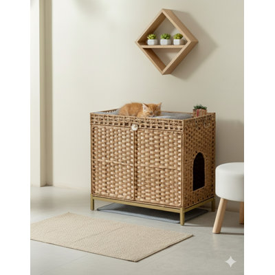 Enclos pour chat, litière en rotin caché tissé à la main avec tapis, grande maison pour chat avec pieds en métal, 30,3 x 18,3 x 28 po, intérieur pour le salon, chambre à coucher, naturel