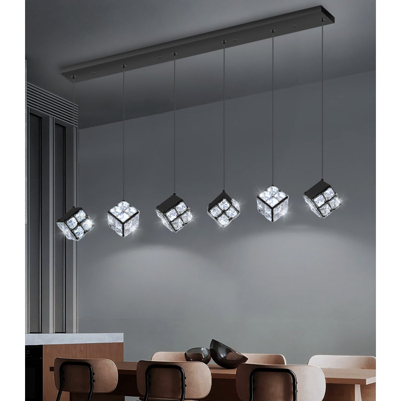 Lustre rectangulaire à 6 lumières DEL moderne en cristal à intensité variable noir, Black, Noir