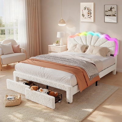 Bioever Queen Size Bed Frame, LED Light Strip, 2 Storage Drawers, Multi-Function Charging Station, Beige, Noise-Free, Teddy Velvet.