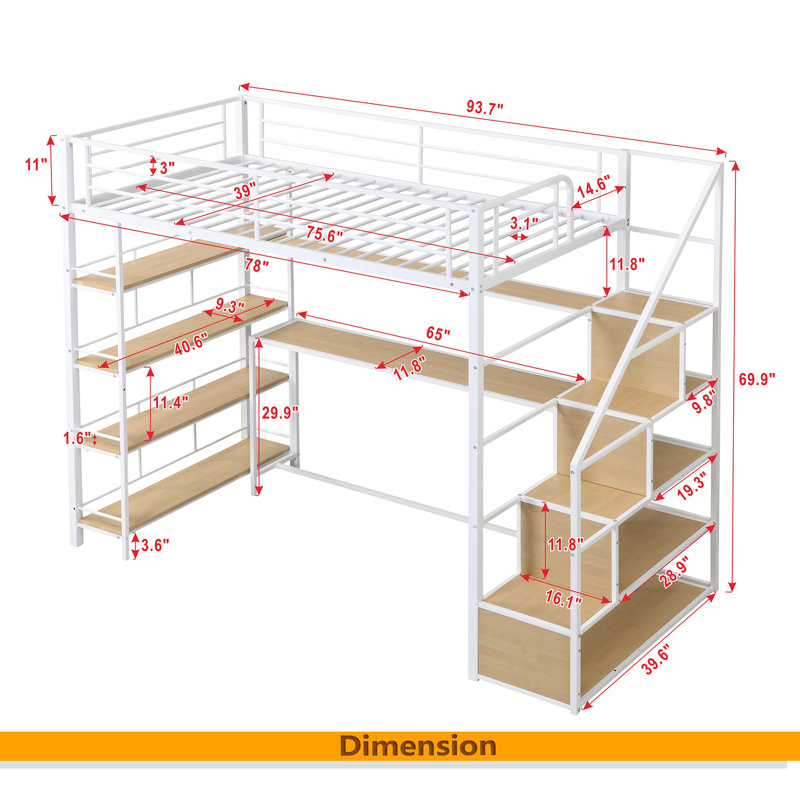 Lit mezzanine simple en métal avec escalier, bureau intégré et tablettes de rangement