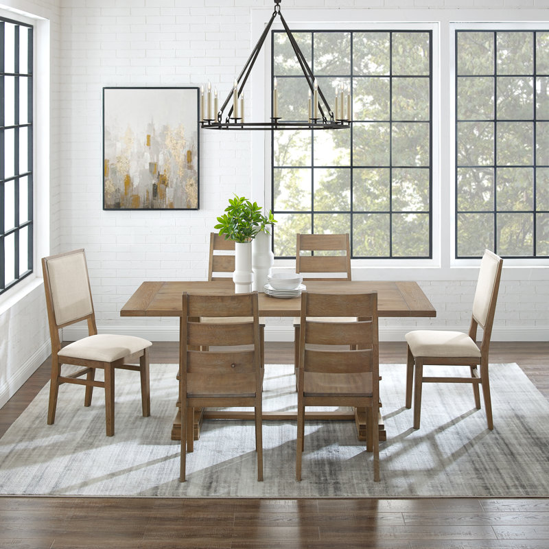 Heymann Trestle Dining Set with Upholstered and Wood Chairs, Tan, 7 Pieces: Table, 6 Chairs