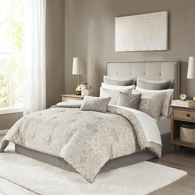 Édredon très grand kaki, 12 pièces avec, édredon de lit avec couvre-oreillers métalliques dorés et plissés, taies décoratives assorties, draps en microfibre