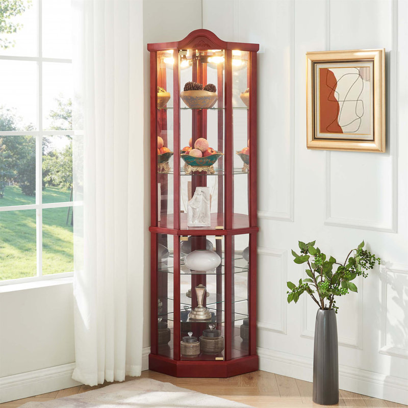 Vitrine lumineuse en verre avec tablettes réglables et décoration sculptée, parfaite pour la maison ou le bureau