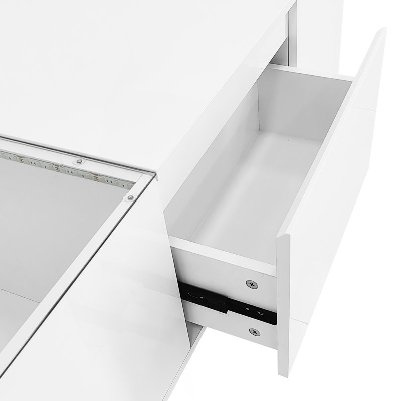 Table basse à DEL ultrabrillante, table centrale moderne avec plateau en verre, table basse avec 2 tiroirs cachés, table de salon
