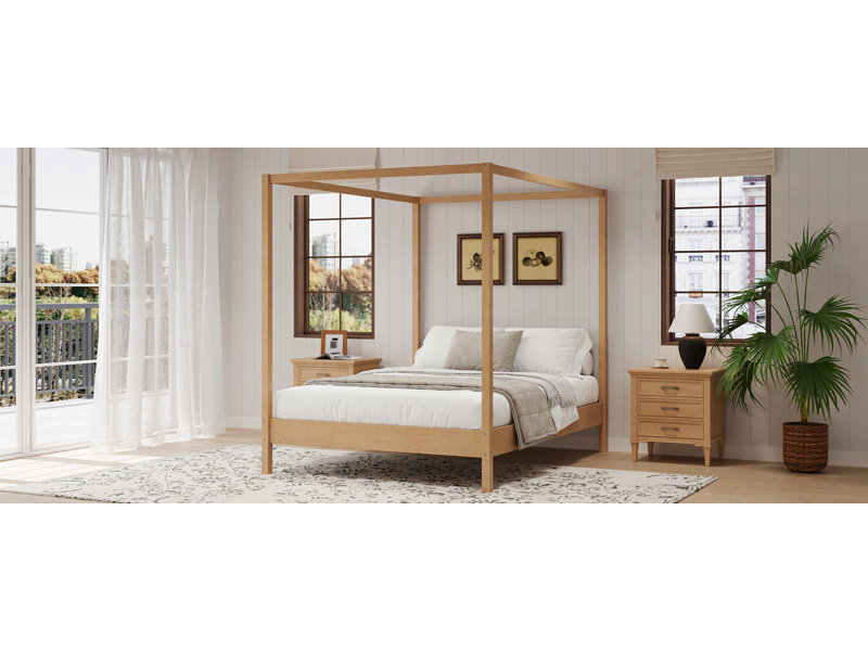 Solid Wood Canopy Bed Frame Four Poster Platform Bed With Slats Support, No Box Spring Needed, Queen, Natural