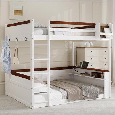 Grand lit superposé en bois avec tablettes intégrées, boîte de rangement, lumière DEL et station de charge USB, blanc