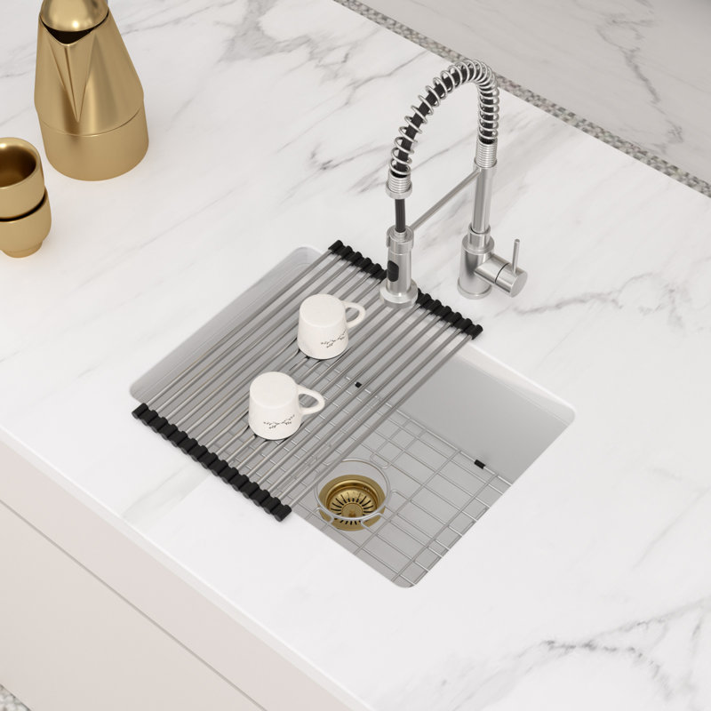 22 in. x 17 in. x 9 in. Undermount Quartz Stone Kitchen Bar Sink White Single Bowl Composite Granite Kitchen Sink with Gold Accessories