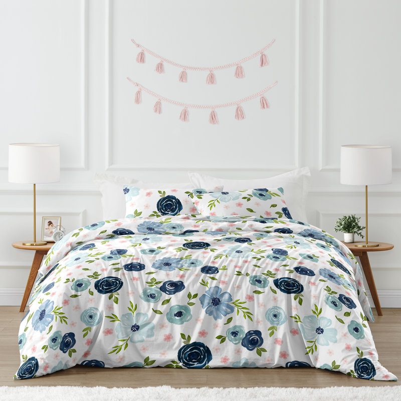 Full Blue Microfiber Floral Comforter Set for Girls