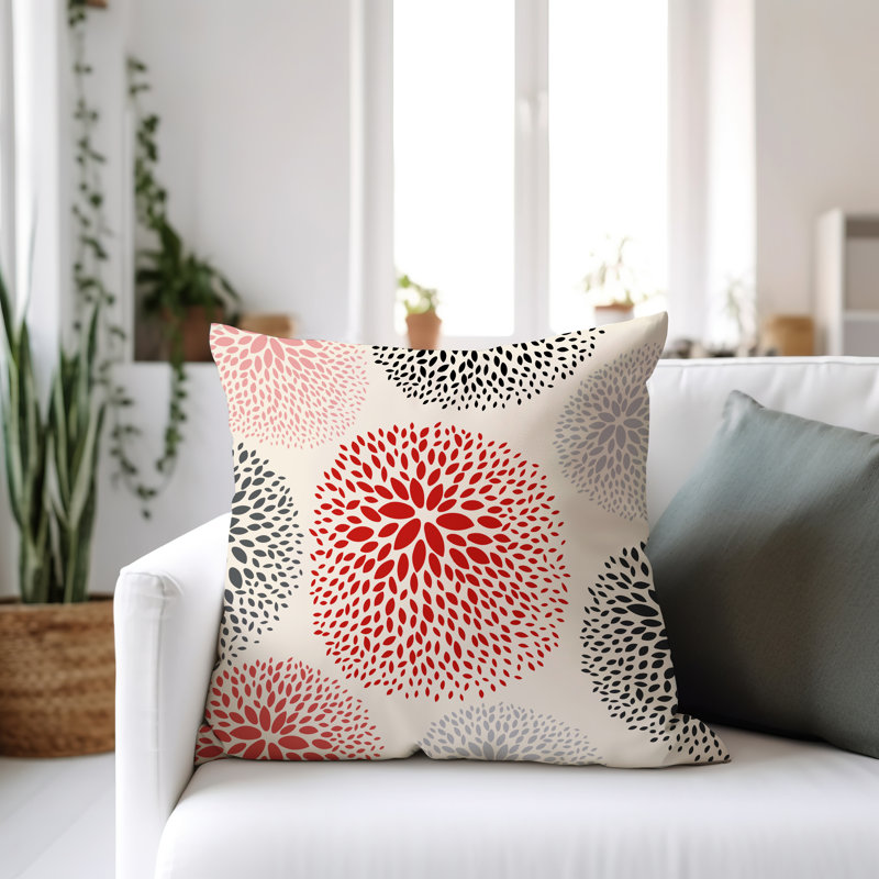 Coussin décoratif intérieur / extérieur en polyester filé à la main Bavière, Rouge / crème / noir / gris, H 15 po x l 15 po