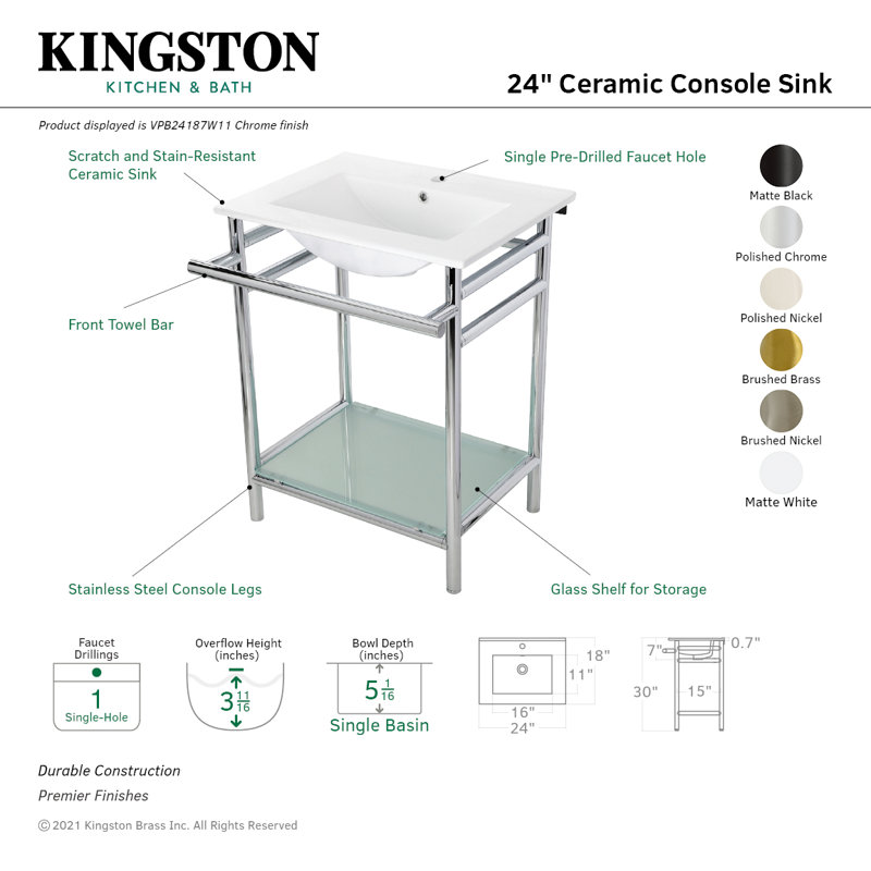 Kingston Brass Sheridan 24-Inch Ceramic Console Sink with Stainless Steel Legs and Glass Shelf (1-Hole), White/Matte Black