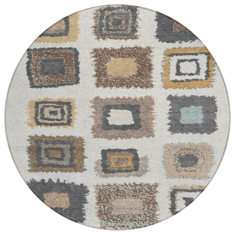 Machine Washable Indoor/Outdoor Xhevrie Ivory Rug, Round 8'