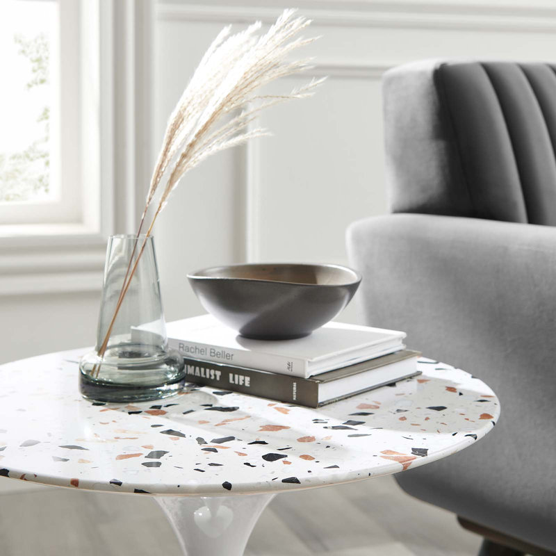 Table d'appoint ronde Modway Lippa, Blanc, Blanc Terrazzo