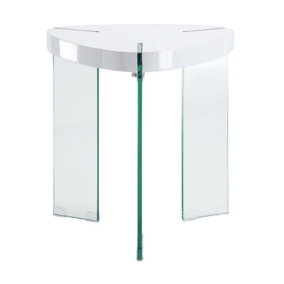 Table de bout triangulaire, blanc brillant et verre transparent