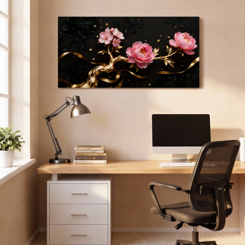 Ensemble de 1 tableau sur toile tendue à motif floral pivoine rose et vigne dorée, H 12 po x l 36 po