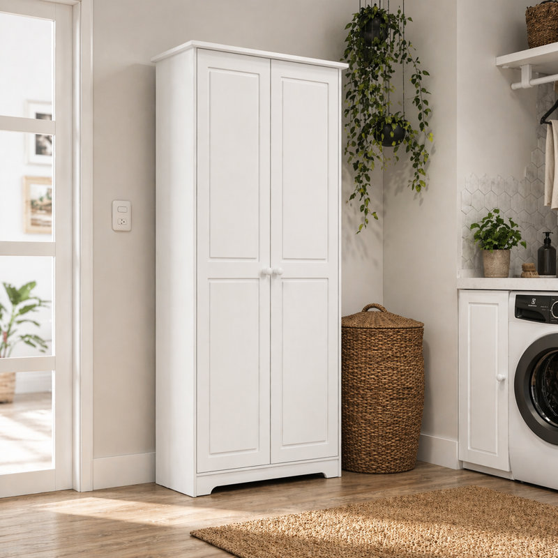 Solid Pine Pantry Cabinet, White Kitchen Storage Cabinet with Adjustable Shelves, Tall Free-Standing Organizer for Pantry, Laundry Room or Garage