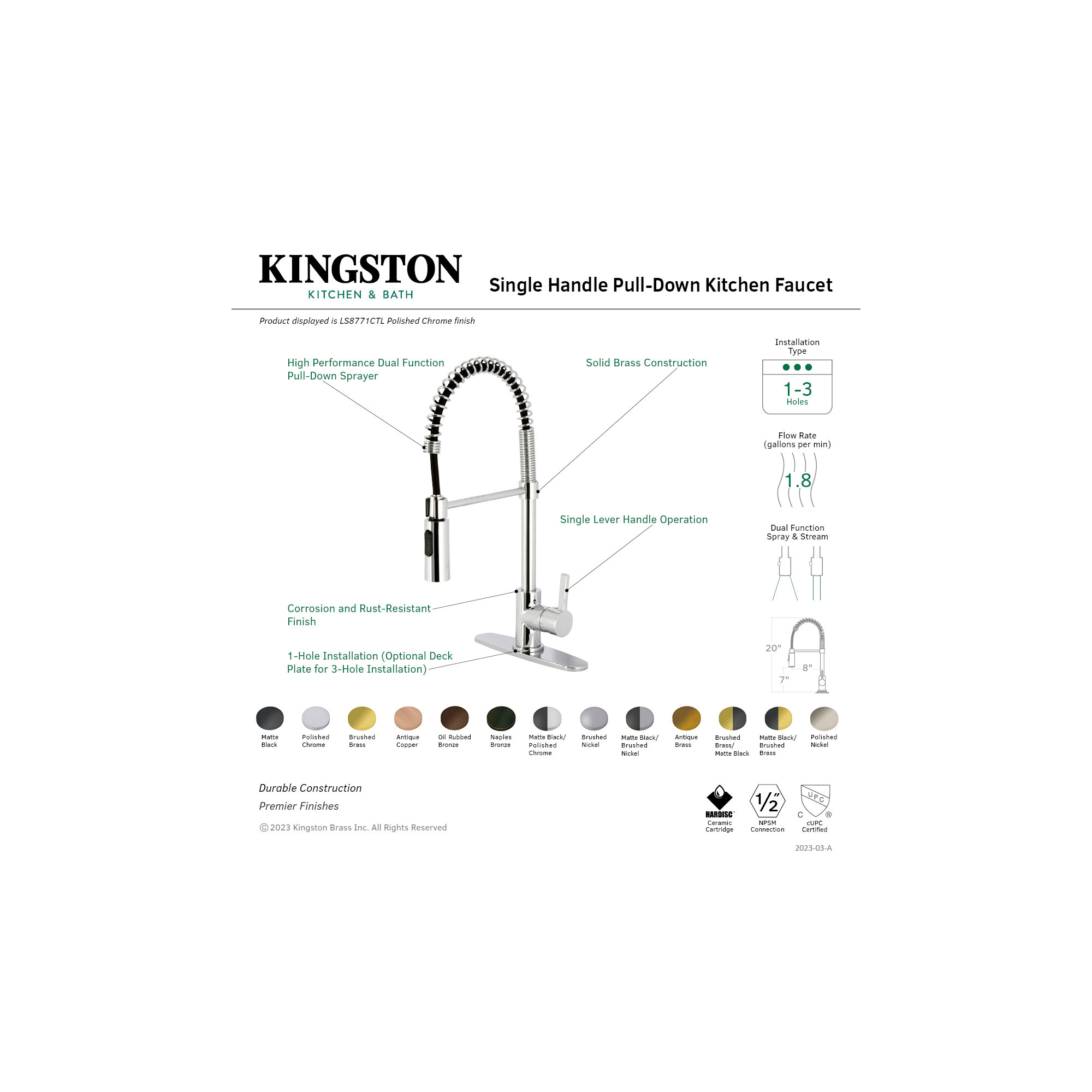 Kingston Brass Continental Single-Handle 1-Hole Deck Mount Pre-Rinse Kitchen Faucet, Brushed Brass