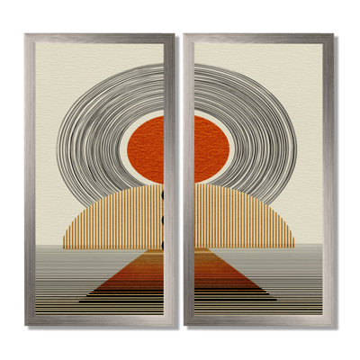 «Orange Maze To The Sun», reproduction d'art sur toile encadrée moderne de style Mid-Century orange, 2 pièces