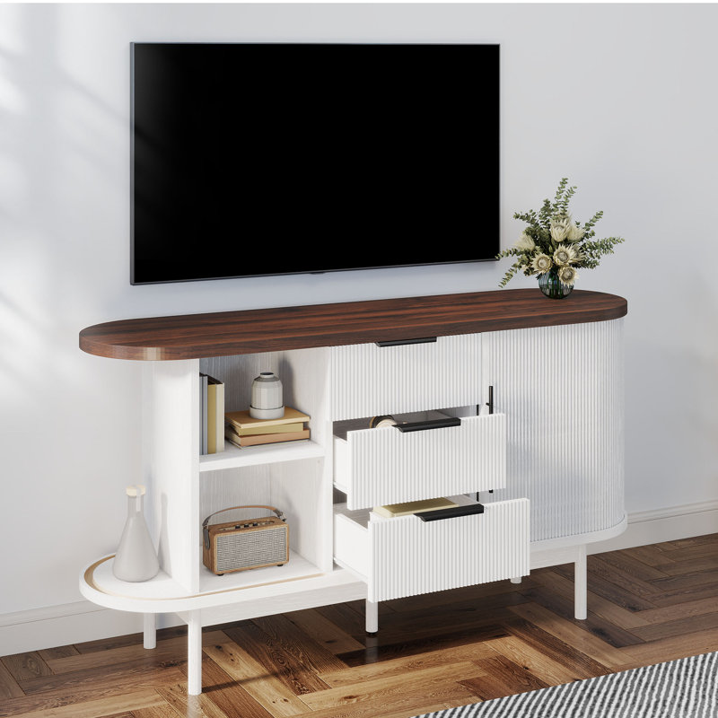 Meuble télé 55 po, console télé avec rangement dissimulé coulissant et 3 tiroirs, Blanc / Brun