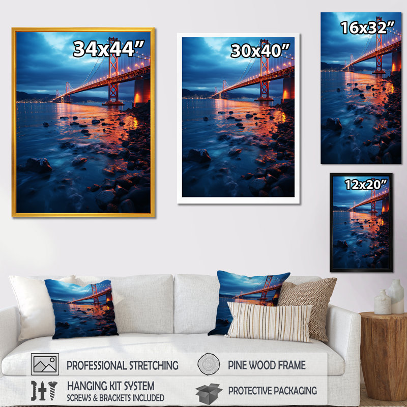 Pont panoramique, lever de soleil II - Ponts, art mural, H 20 po x l 12 po x P 1 po, Cadre simple noir