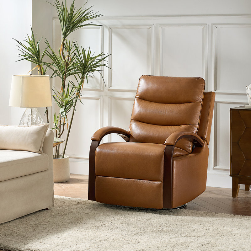 Azilda 29" Wide Genuine Leather Manual Swivel Rocking Standard Recliner, Camel Pebbled Top Grain Leather