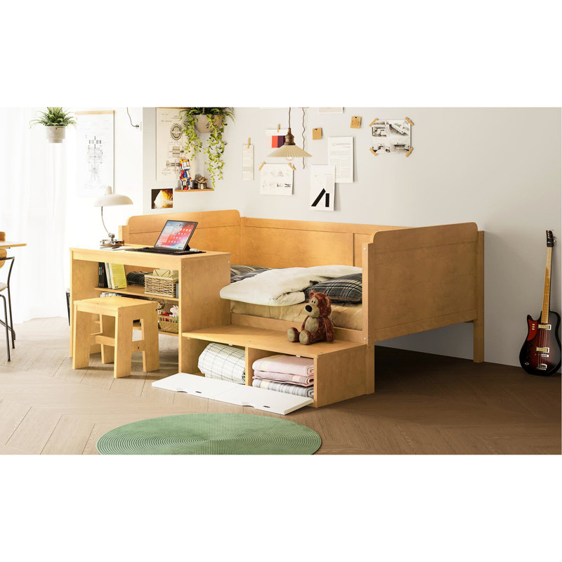 Lit de jour simple en bois avec généreuses tablettes et casiers de rangement, tabouret assorti de bureau multifonctionnel, combinaison d'apparence naturelle