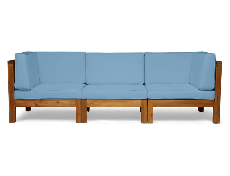 Ensemble de canapés d'extérieur 3 pièces en bleu - Structure en bois d'acacia avec coussins pour terrasses et balcons, Bleu