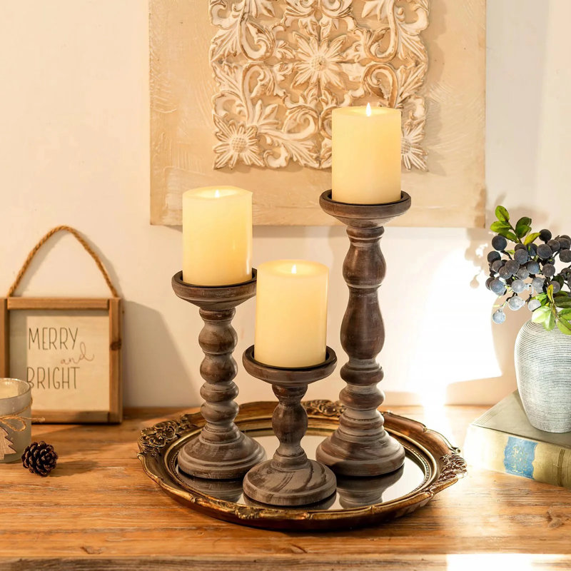 Farmhouse Wooden Pillar Candle Holders