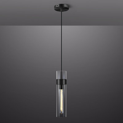 Modern Black Glass Cylinder Pendant Light with Adjustable Cord for Kitchen Island, Bulb Included
