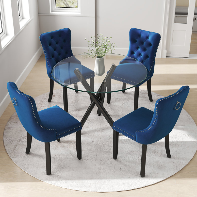 Round Glass Table Dining Set, Blue, 5