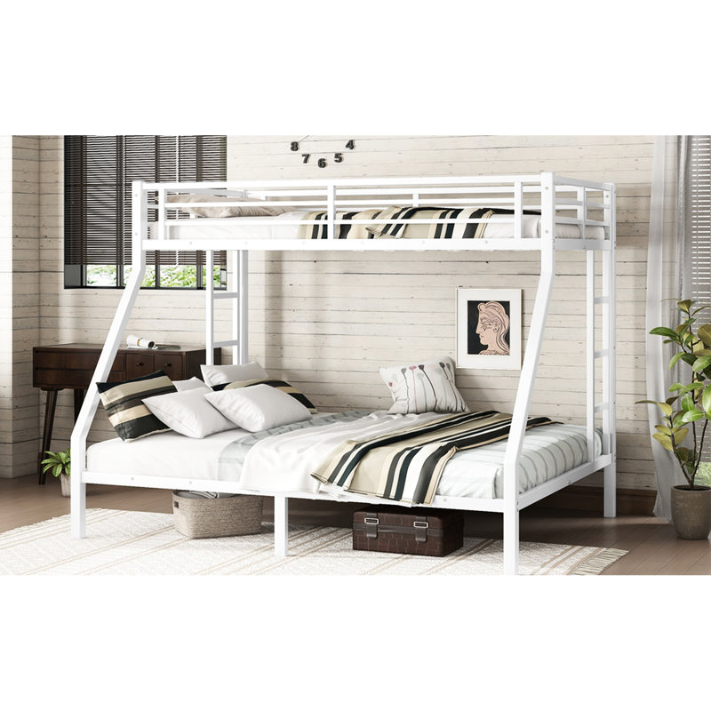 Twin Xl Over Queen White Metal Bunk Bed For Teens And Adults, Space Solution, Noise Reduction System, Heavy Duty Frame, Electrostatic Powder Finish, Under Storage Capacity, Two Sides, Guard Rails