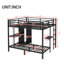 Très grand lit simple au-dessus d'un lit simple avec garde-robe intégrée, lit superposé en métal avec bureau pliable et, noir