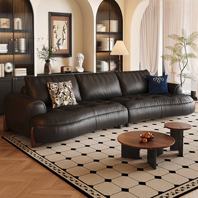 Black Genuine Leather Modular Sofa cushion Fourseat