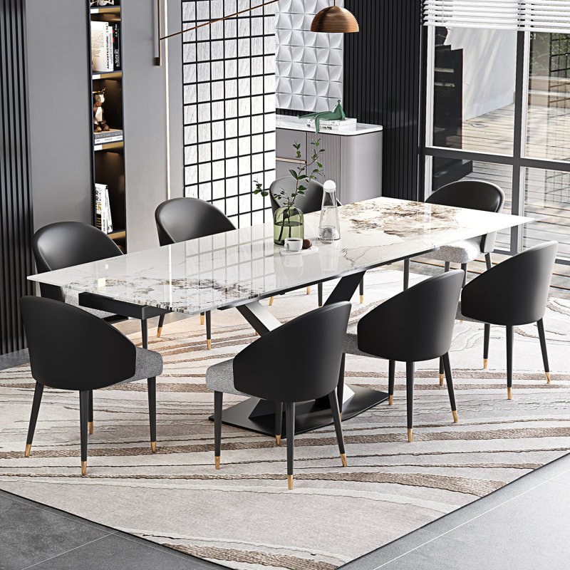 Table de salle à manger extensible de 63 à 94,5 po pour 8 à 10 personnes avec plateau rectangulaire en pierre frittée et base en acier inoxydable
