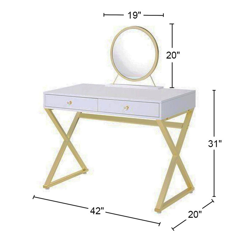 Rectangular Vanity Desk With Mirror And Jewelry Tray, White And Gold