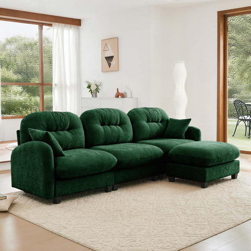 Canapé modulaire en chenille 3 places avec 2 coussins et repose-pieds, H 36,6 po x l 107 po x P 59,5 po, 3, Vert