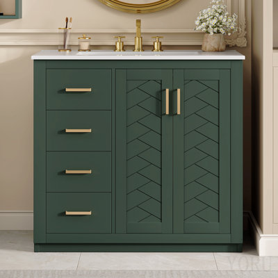 Ensemble de meuble-lavabo autoportant avec cadre en bois massif 36 po, 3 tiroirs et portes à fermeture douce