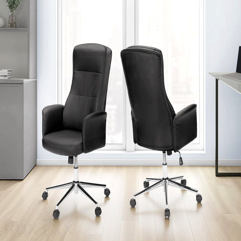 Black Leather Look Chrome Metal Office Chair, Swivel, Adjustable Height, Armrests, Ergonomic Work, Contemporary Modern