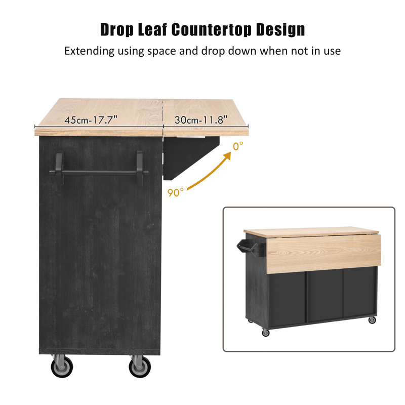 51.2 “W Geometric Twill Stripe Removable Farmhouse Kitchen Island With Folding Leaf And Interior Storage Shelves, Black